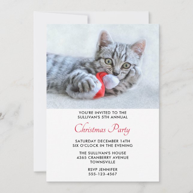 Cute Kitty Biting a Red Santa Hat Christmas Party Invitation (Front)