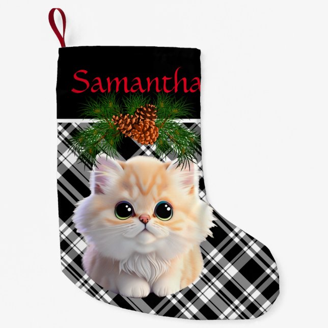 Cute Kitty black white plaid with pine cone Small Christmas Stocking (Front)
