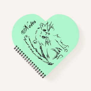 Cute Kitty Cartoon Green Heart Shaped Spiral Notebook