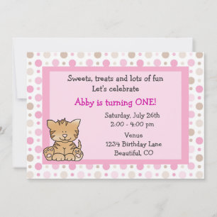 Cute Kitty Cat 1st Birthday Invitation for Girls