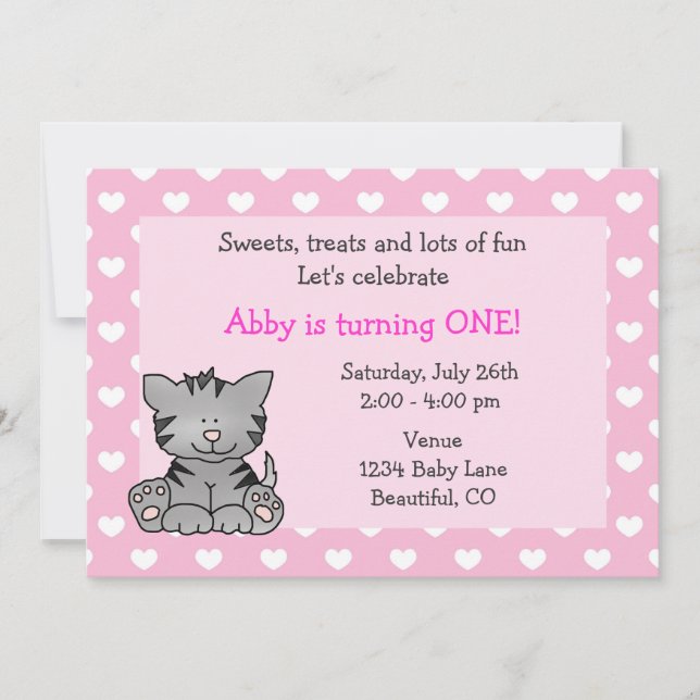 Cute Kitty Cat 1st Birthday Invitation for Girls (Front)