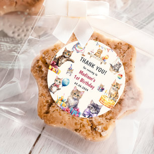 Cute Kitty Cat 1st Birthday Party  Classic Round S Classic Round Sticker
