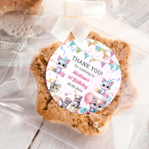 Cute Kitty Cat 1st Birthday Party Classic Round Sticker