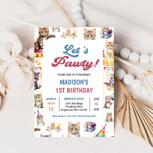 Cute Kitty Cat 1st Birthday Party Invitation