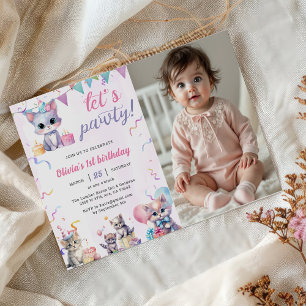 Cute Kitty Cat 1st Birthday Party Invitation