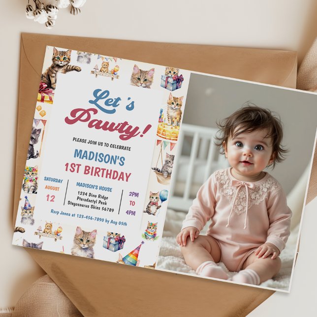 Cute Kitty Cat 1st Birthday Party Photo  Invitation (Creator Uploaded)