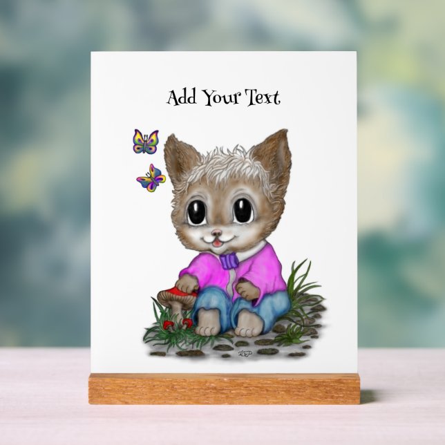 Cute Kitty Cat and Butterfly Acrylic Sign (Neutral)
