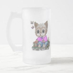 Cute Kitty Cat and Butterfly Frosted Glass Beer Mug