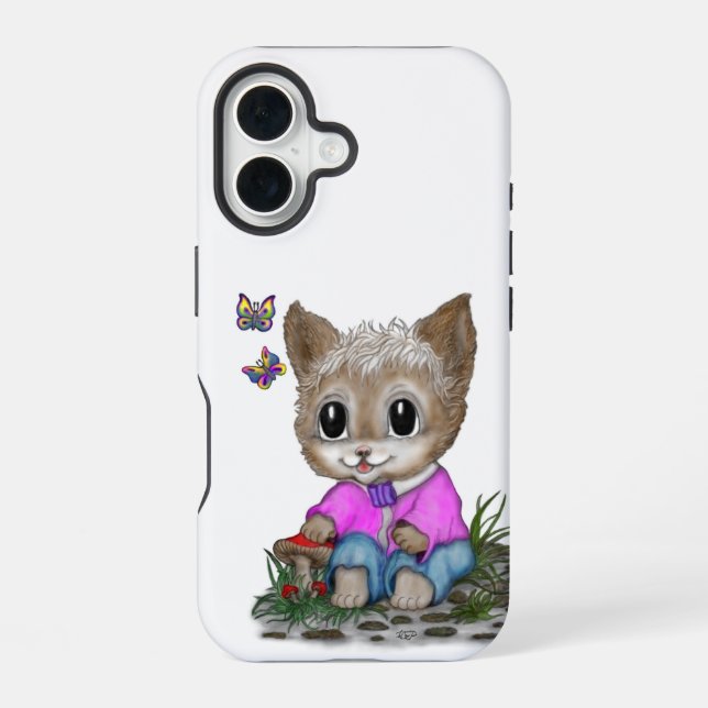 Cute Kitty Cat and Butterfly iPhone 16 Case (Back)