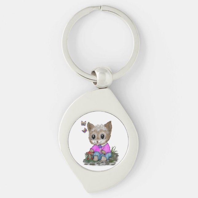 Cute Kitty Cat and Butterfly Key Ring (Front)
