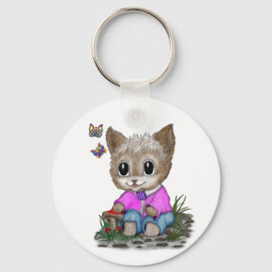 Cute Kitty Cat and Butterfly Key Ring