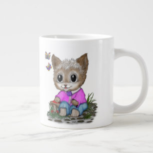 Cute Kitty Cat and Butterfly Large Coffee Mug