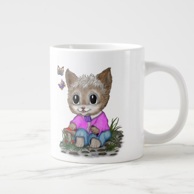 Cute Kitty Cat and Butterfly Large Coffee Mug (Right)