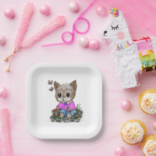 Cute Kitty Cat and Butterfly Paper Plate