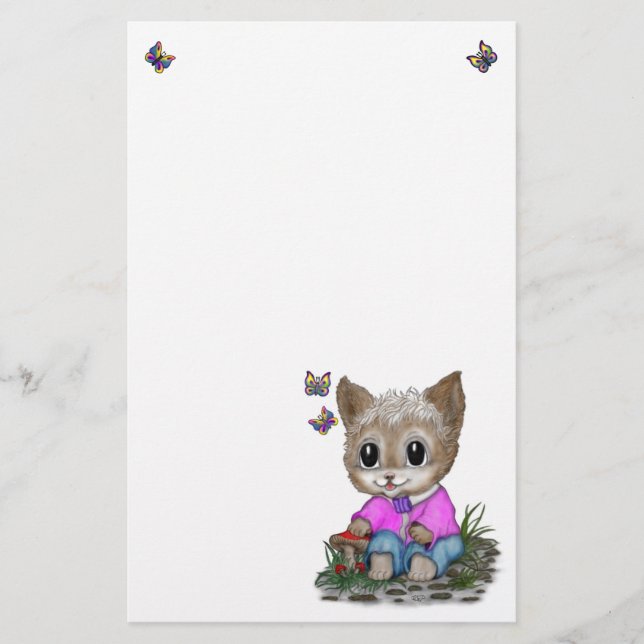Cute Kitty Cat and Butterfly Stationery (Front)