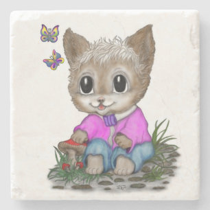 Cute Kitty Cat and Butterfly Stone Coaster