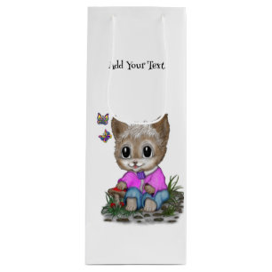 Cute Kitty Cat and Butterfly Wine Gift Bag