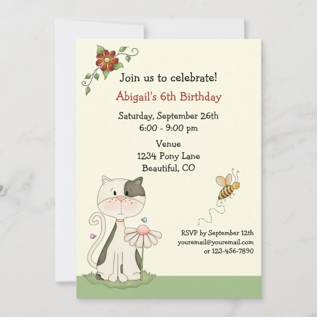 Cute Kitty Cat and Flowers Birthday Invitation (Front)