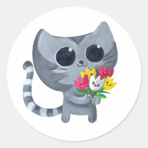 Cute Kitty Cat and flowers Classic Round Sticker