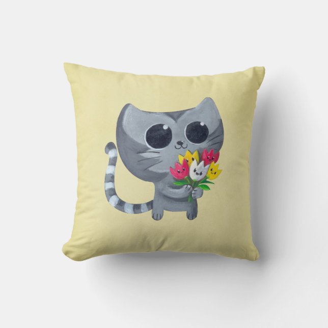 Cute Kitty Cat and flowers Cushion (Front)
