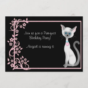 Cute Kitty Cat and Pink Flowers Birthday Invitation