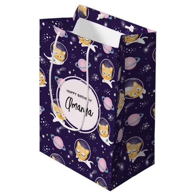 Cute Kitty Cat Astronauts Pattern Birthday Medium Gift Bag (Front Angled)