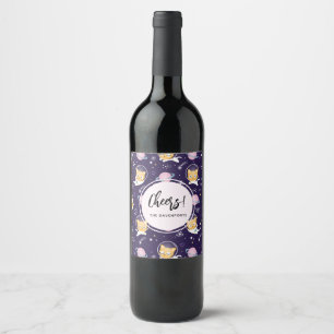 Cute Kitty Cat Astronauts Pattern Cheers Wine Label