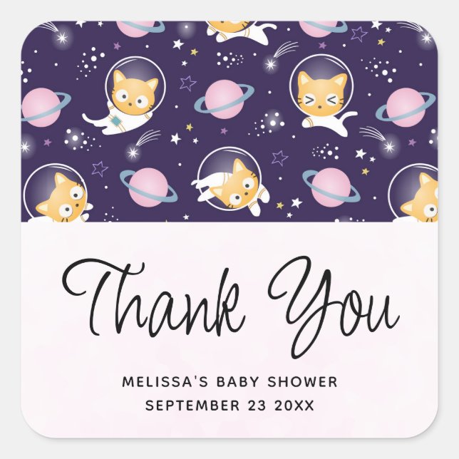 Cute Kitty Cat Astronauts Pattern Event Thank You Square Sticker (Front)