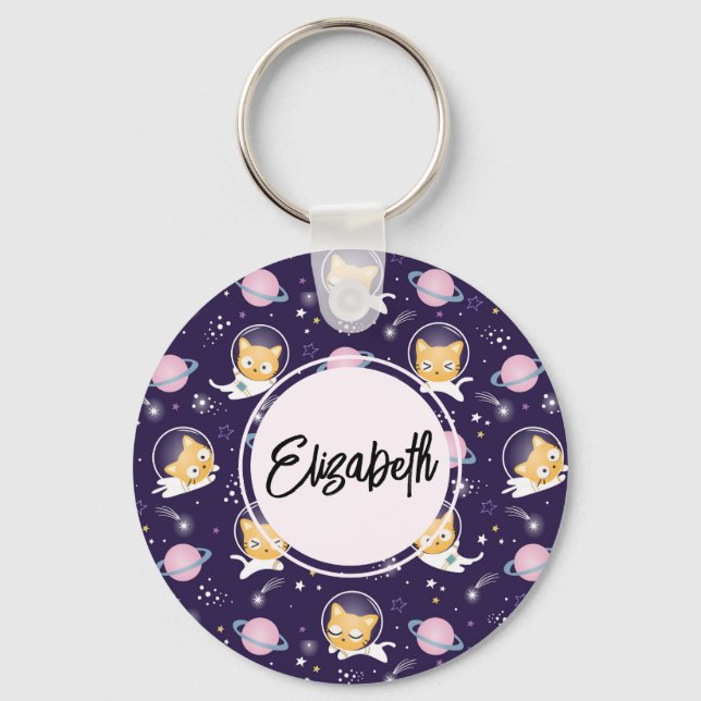 Cute Kitty Cat Astronauts Pattern Key Ring (Front)