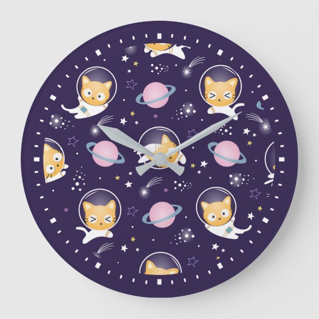 Cute Kitty Cat Astronauts Pattern Large Clock (Front)
