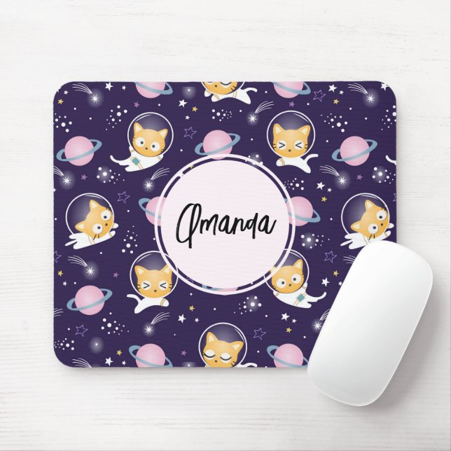 Cute Kitty Cat Astronauts Pattern Mouse Mat (With Mouse)
