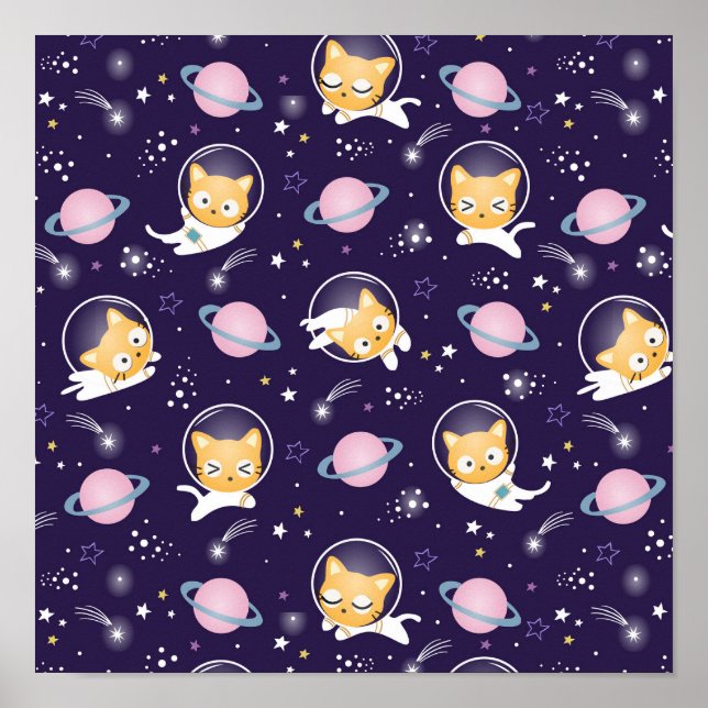 Cute Kitty Cat Astronauts Pattern Poster (Front)