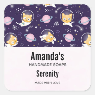 Cute Kitty Cat Astronauts Pattern Soap Business Square Sticker