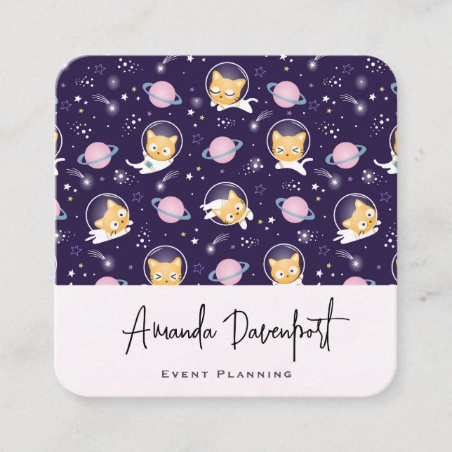 Cute Kitty Cat Astronauts Pattern Square Business Card (Front)