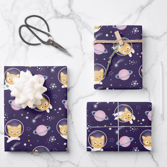 Cute Kitty Cat Astronauts Pattern Wrapping Paper Sheet (Front)