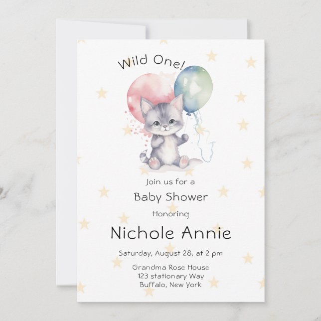 Cute Kitty Cat Balloons Wild One 1st Birthday  Invitation (Front)