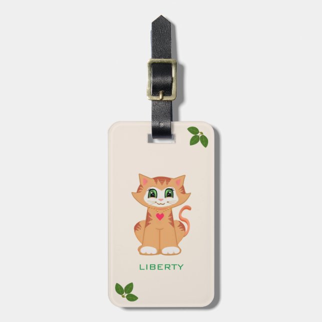 Cute Kitty Cat & Bay Leaves Luggage Tag (Front Vertical)