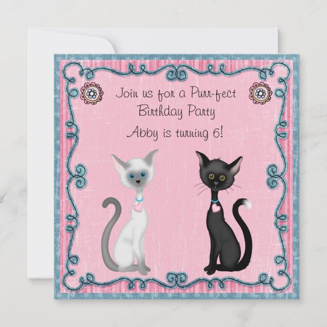 Cute Kitty Cat Birthday Invitation ~ Girls (Front)