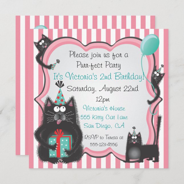Cute Kitty Cat Birthday Party Invitation (Front/Back)