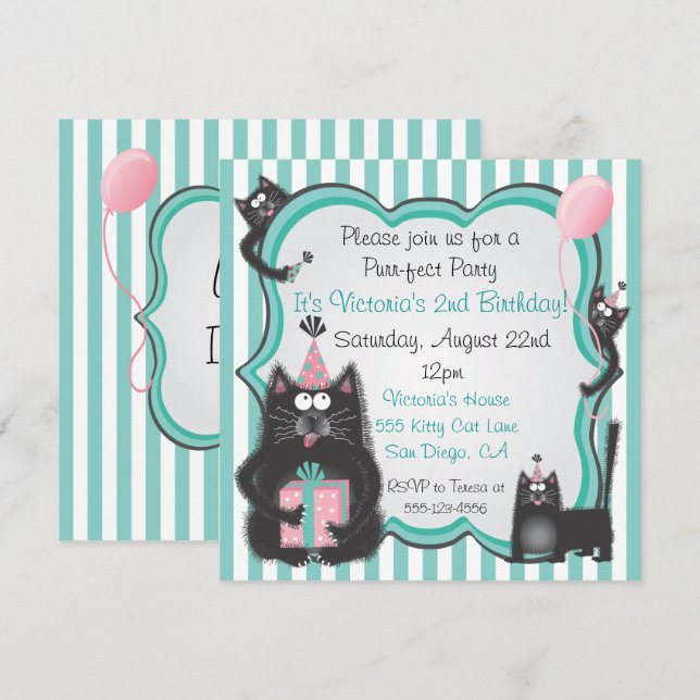 Cute Kitty Cat Birthday Party Invitation (Front/Back)