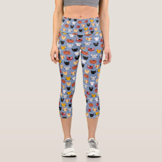 Cute Kitty Cat Blue Pattern Capri Leggings