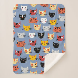 Cute Kitty Cat Blue Sherpa Blanket