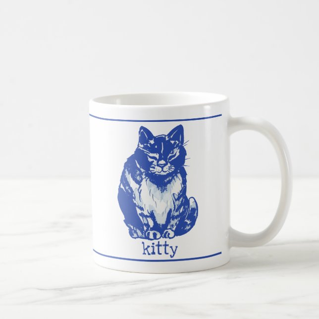 Cute Kitty Cat Blue White Farmhouse Rustic Coffee Mug (Right)