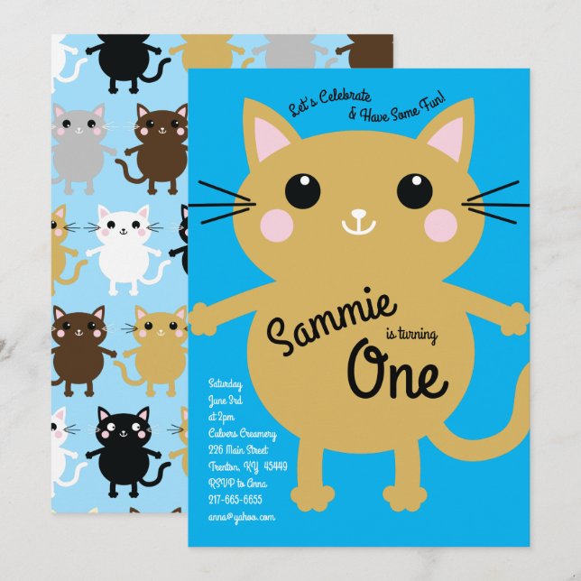 Cute Kitty Cat Colourful 1st Birthday Invitations (Front/Back)