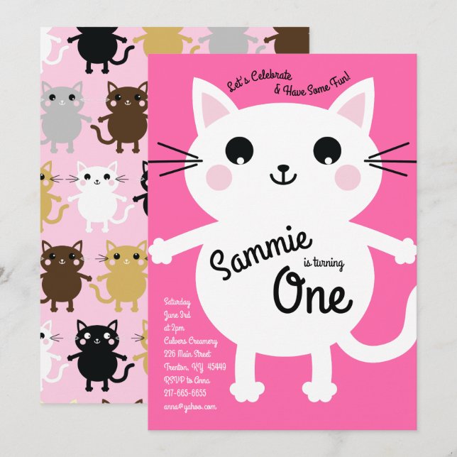 Cute Kitty Cat Colourful 1st Birthday Invitations (Front/Back)