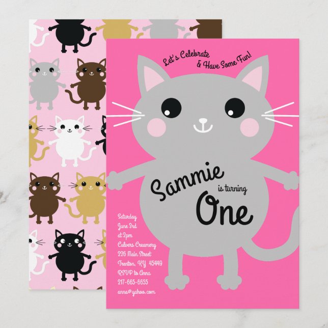 Cute Kitty Cat Colourful 1st Birthday Invitations (Front/Back)