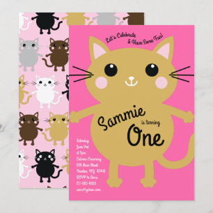Cute Kitty Cat Colourful 1st Birthday Invitations