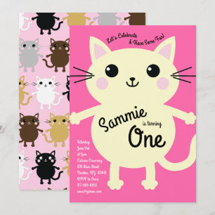 Cute Kitty Cat Colourful 1st Birthday Invitations