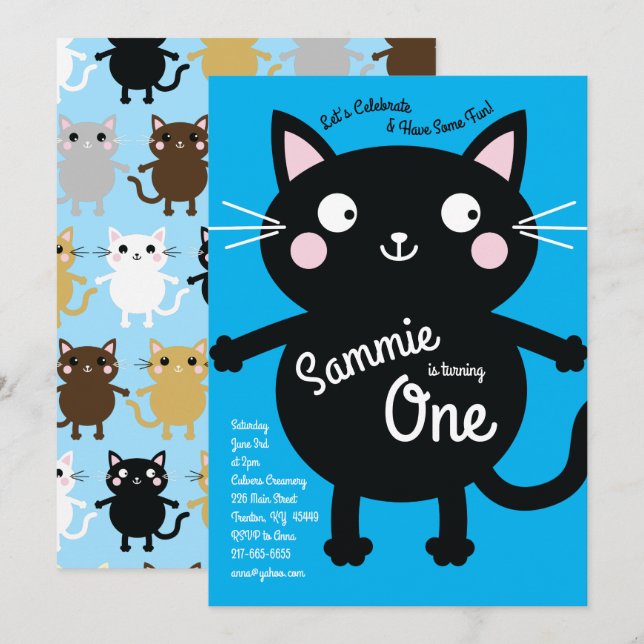 Cute Kitty Cat Colourful 1st Birthday Invitations (Front/Back)