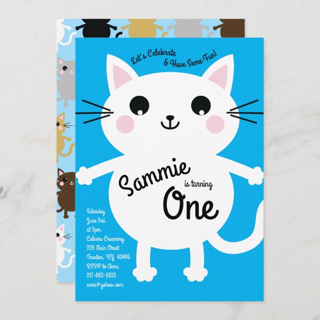 Cute Kitty Cat Colourful 1st Birthday Invitations (Front/Back)